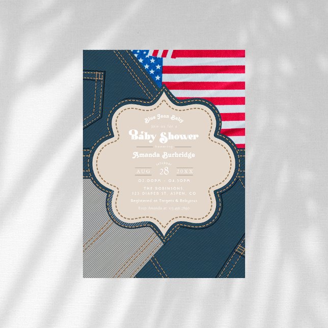 Invitación Bebé de vaqueros azules Americana Fiesta de bebé (Blue Jean Baby Americana Baby Shower Invitation)