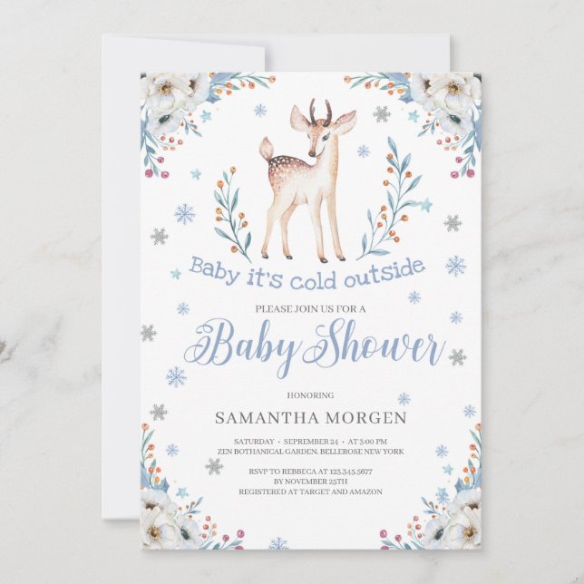 Invitación Bebé de venado de invierno azul floral de niño duc (Anverso)