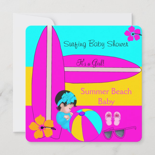 Invitación Bebé de verano Chica ducha de bebé Playa Bebé Surf (Anverso)