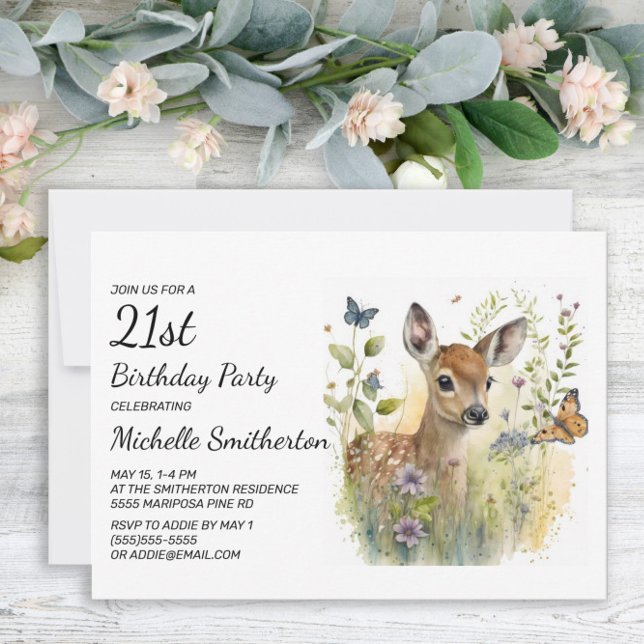 Invitación Bebé Deer Mariposa Foliage Floral 21º cumpleaños (Subido por el creador)