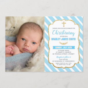 Invitación Bebé del bautismo del bautizo del azul y del oro
