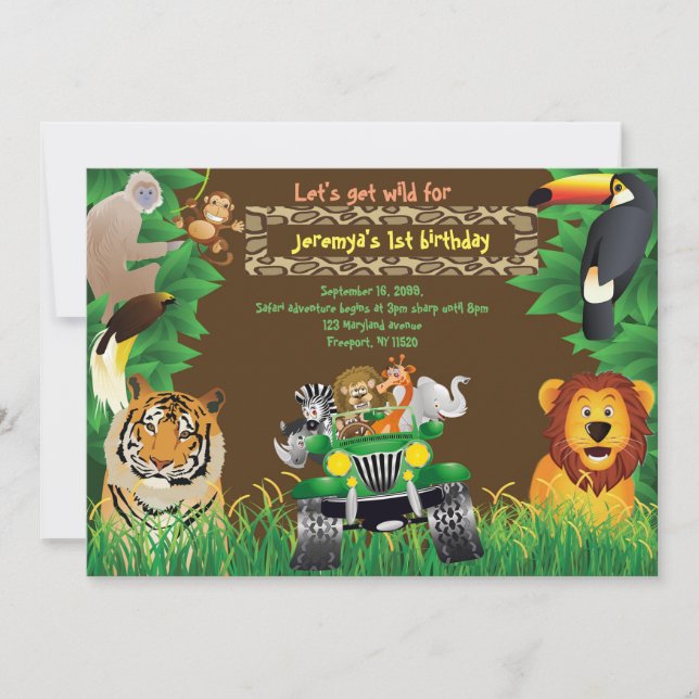 Invitación Bebé del cumpleaños, cumpleaños del safari, (Anverso)