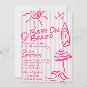 Invitación Bebé Dibujado en una Tabla de Surf en una Fiesta d