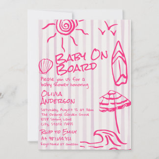 Invitación Bebé Dibujado en una Tabla de Surf en una Fiesta d