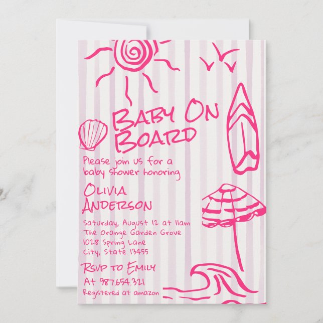 Invitación Bebé Dibujado en una Tabla de Surf en una Fiesta d (Anverso)