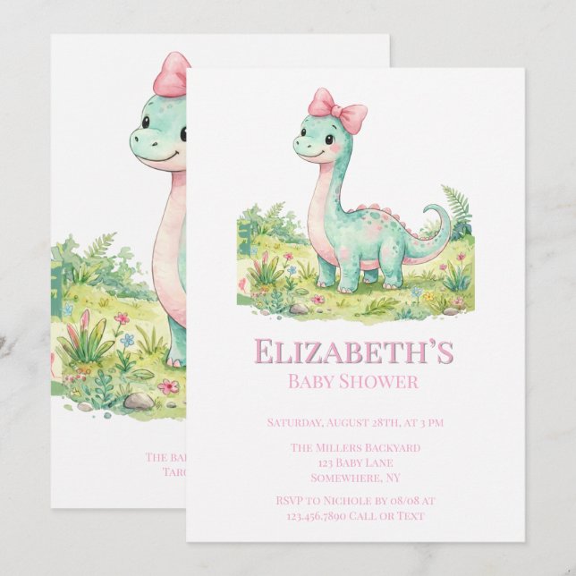 Invitación Bebé Dinosaurio Adorable con Lazo Rosa: Fiesta de  (Anverso / Reverso)