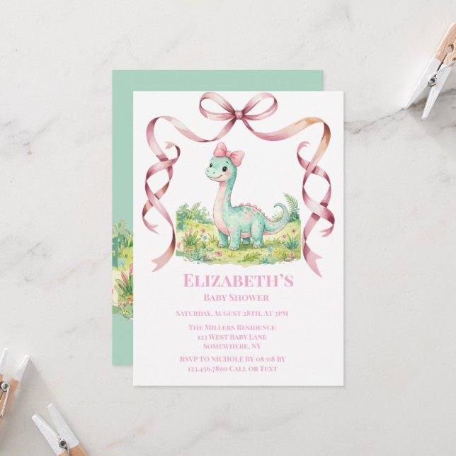Invitación Bebé Dinosaurio Adorable con Lazo Rosa: Fiesta de  (Anverso/Reverso In Situ)