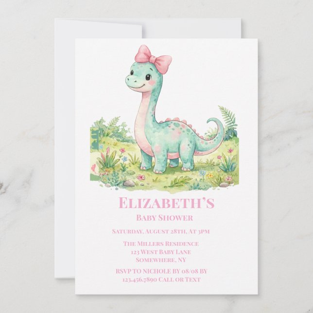 Invitación Bebé Dinosaurio Adorable con Lazo Rosa: Fiesta de  (Anverso)