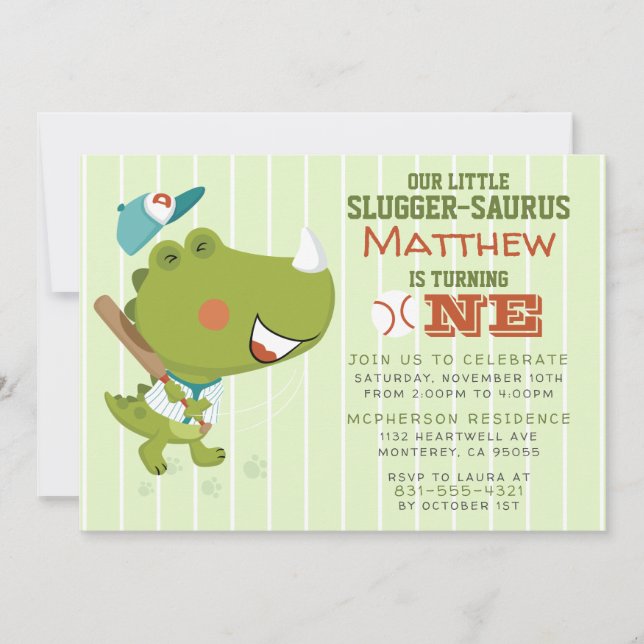 Invitación Bebé Dinosaurio Béisbol Tema del primer cumpleaños (Anverso)