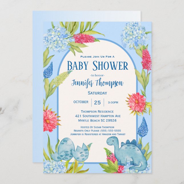 Invitación Bebé Dinosaurio Floral Lindo Babyshower de Huevo d (Anverso / Reverso)