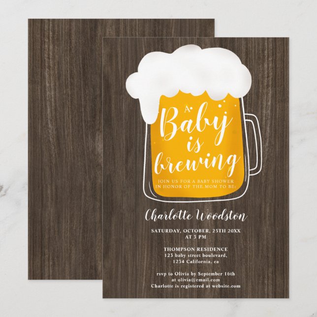 Invitación Bebé divertido coser cerveza pinta madera marrón d (Anverso / Reverso)