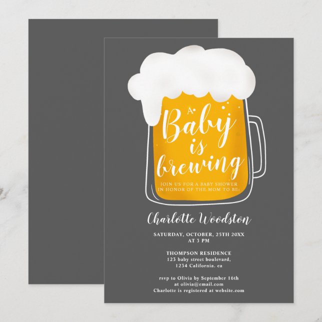 Invitación Bebé divertido preparando pinta de cerveza gris os (Anverso / Reverso)