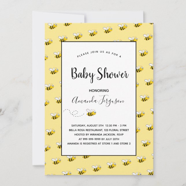 Invitación Bebé ducha abejas amarillas lindas (Anverso)