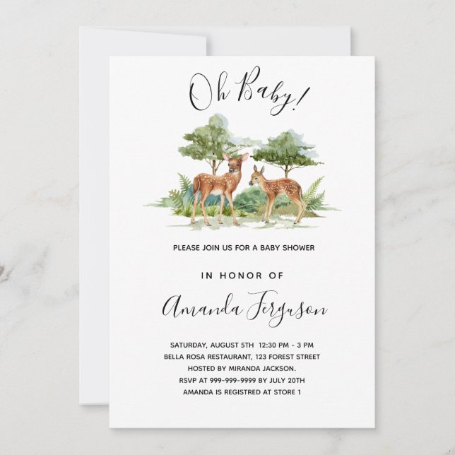 Invitación Bebé ducha animales del bosque de ciervos bosque (Anverso)