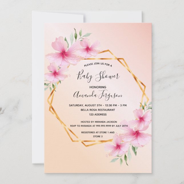 Invitación Bebé ducha azul rosa floral geométrica (Anverso)