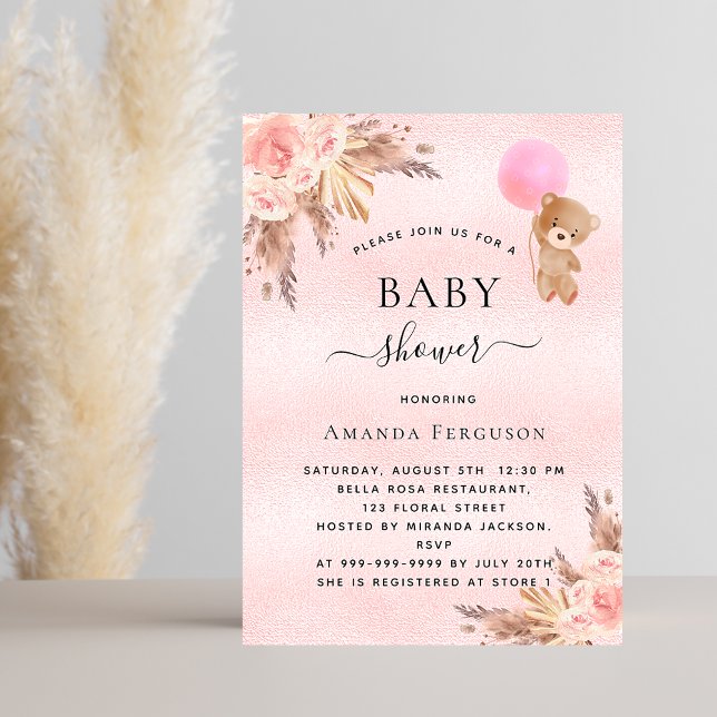 Invitación Bebé ducha chica pampas pasto oso de peluche rosa (Subido por el creador)