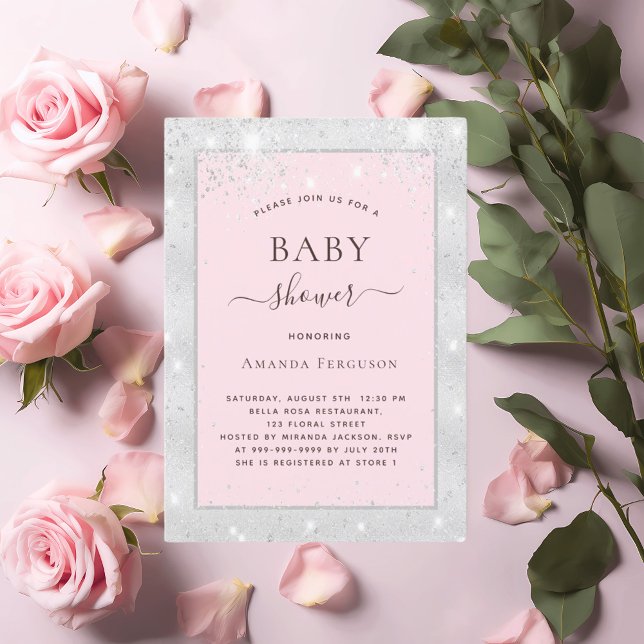 Invitación Bebé ducha chica purpurina rosa plateado (Subido por el creador)