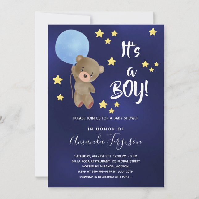 Invitación Bebé ducha de peluche niño estrellas azules (Anverso)