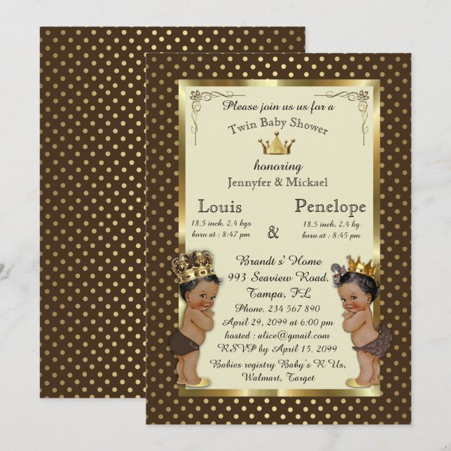 Invitación Bebé ducha gemelos, marron, muy de moda (Anverso / Reverso)