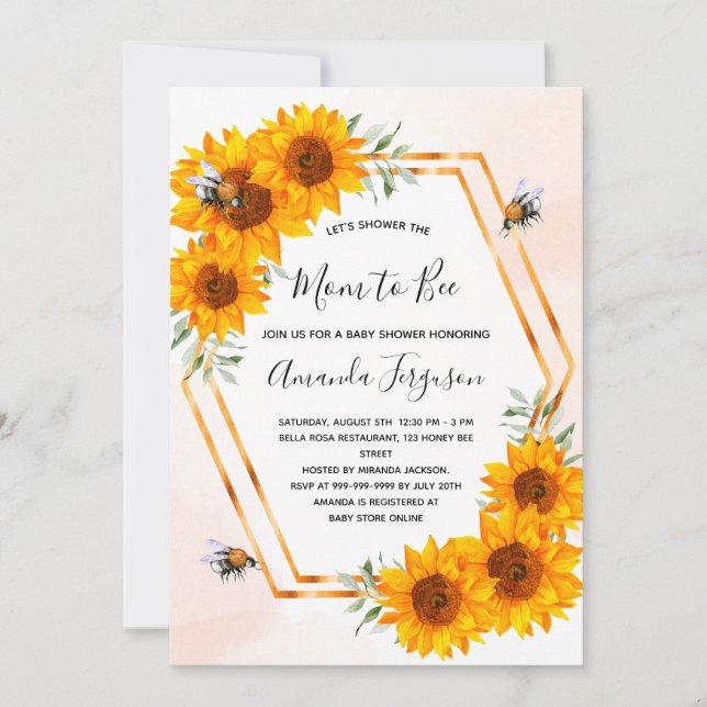 Invitación Bebe ducha girasoles oro rosa blanco (Anverso)
