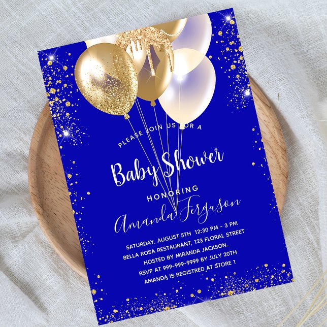 Invitación Bebé ducha globos de oro azul real (Subido por el creador)