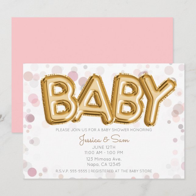 Invitación Bebé Ducha Globos Dorados Modernos Chic Rosa (Anverso / Reverso)