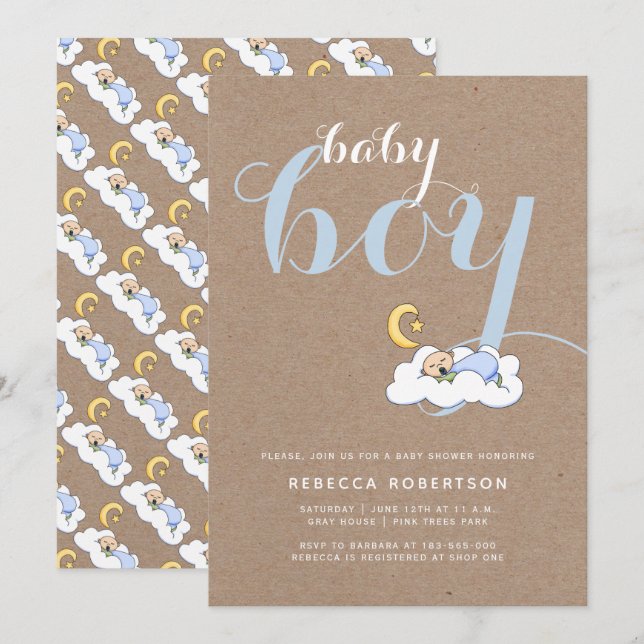Invitación Bebé ducha kraft tipografía de papel azul (Anverso / Reverso)