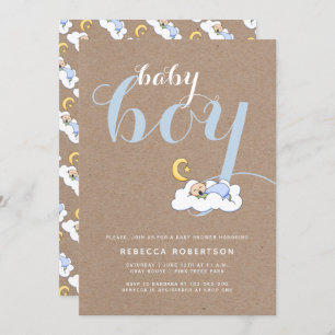 Invitación Bebé ducha kraft tipografía de papel azul