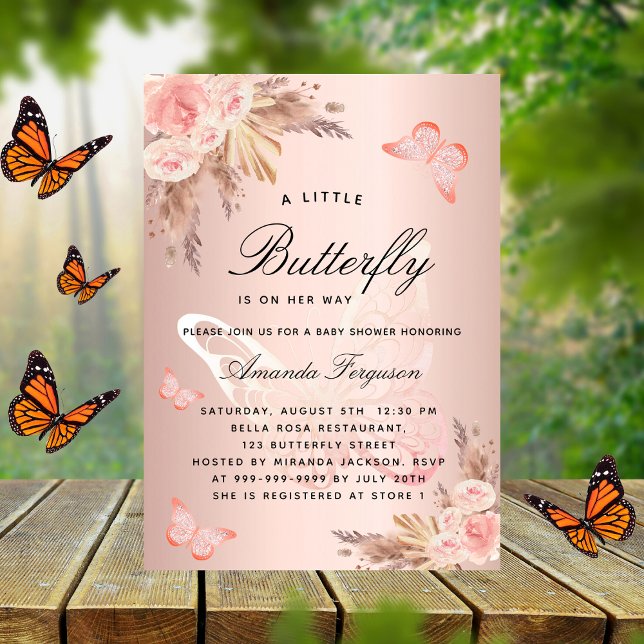 Invitación Bebé ducha mariposa chica rosa pampas boho lujo (Subido por el creador)