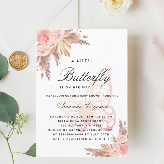 Invitación Bebé ducha mariposa chica rosa pampas pasto (Subido por el creador)