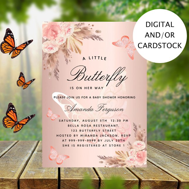 Invitación Bebé ducha mariposa chica rosa pampas pasto (Subido por el creador)