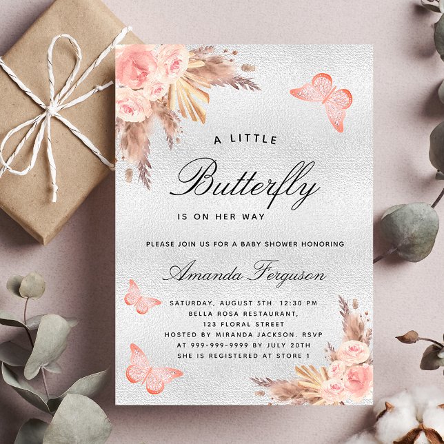 Invitación Bebé ducha mariposa pampas lujo de plata (Subido por el creador)
