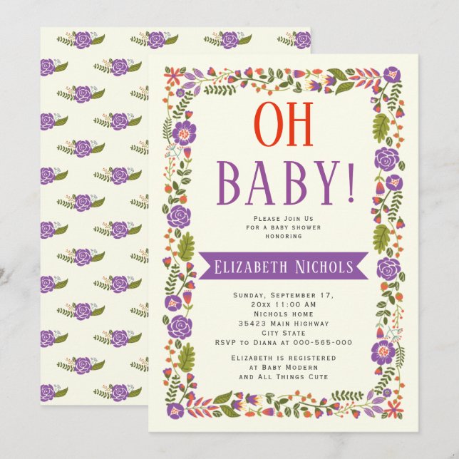 Invitación Bebé ducha morado y naranja borde floral (Anverso / Reverso)