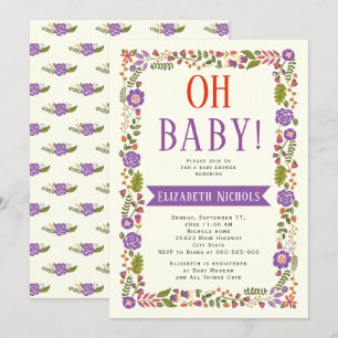 Invitación Bebé ducha morado y naranja borde floral