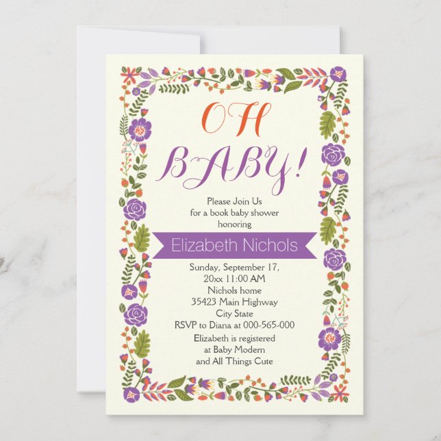 Invitación Bebé ducha morado y naranja borde floral (Anverso)