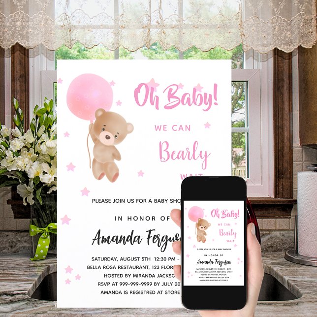 Invitación Bebé ducha oso de peluche chica globo rosa (Subido por el creador)