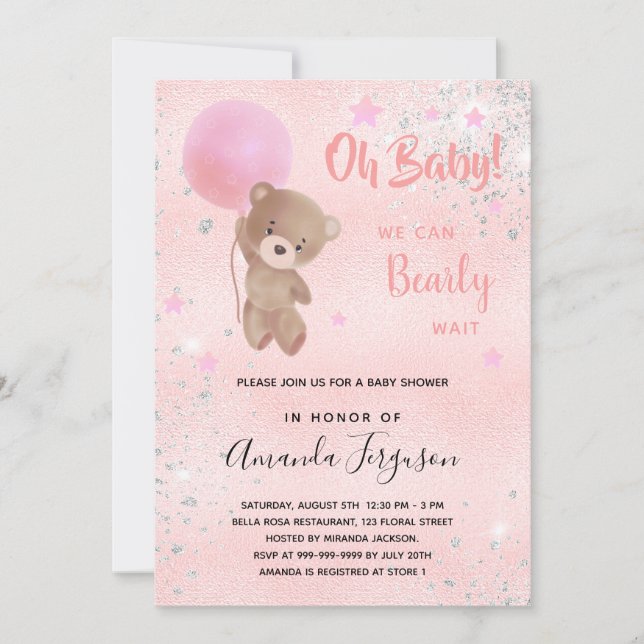 Invitación Bebé ducha oso de peluche chica plata rosa (Anverso)