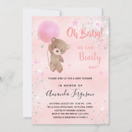 Invitación Bebé ducha oso de peluche chica plata rosa