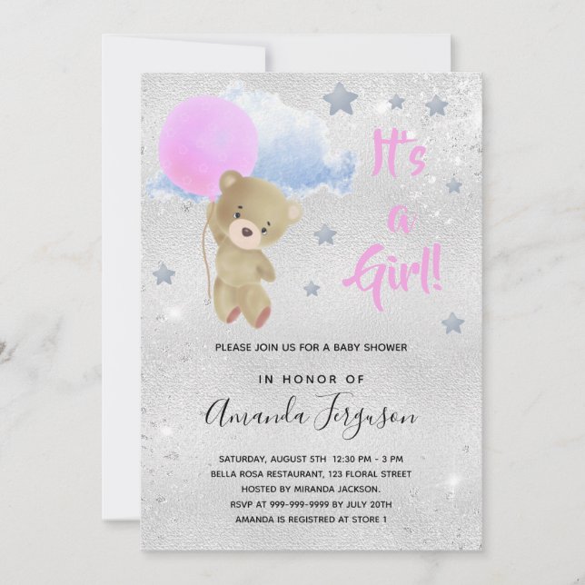 Invitación Bebé ducha oso de peluche chica plata rosa (Anverso)