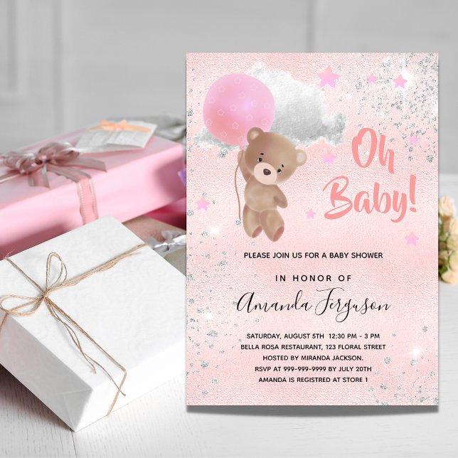 Invitación Bebé ducha oso de peluche chica plata rosa (Subido por el creador)