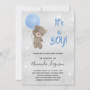 Invitación Bebé ducha oso de peluche niño plata azul