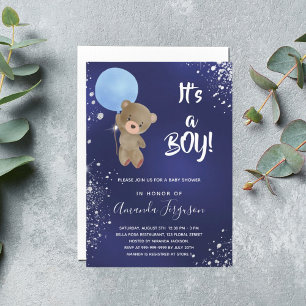 Invitación Bebé ducha oso de peluche niño purpurina azul mari