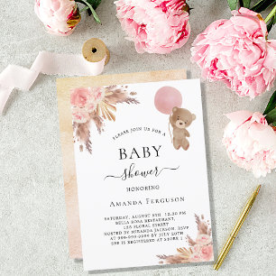 Invitación Bebé ducha pampas pasto oso de peluche chica rosa
