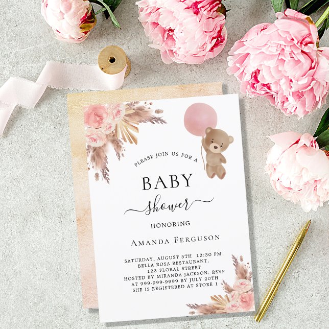 Invitación Bebé ducha pampas pasto oso de peluche chica rosa (Subido por el creador)