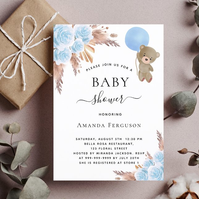 Invitación Bebé ducha pampas pasto oso de peluche lujo azul (Subido por el creador)
