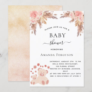 Invitación Bebé ducha pampas pasto oso de peluche rosa chica 