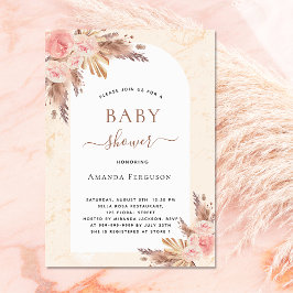 Invitación Bebé ducha pampas pasto rosa dorado boho rosa