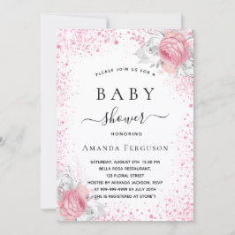 Invitación Bebé ducha purpurina blanco rosa chica floral