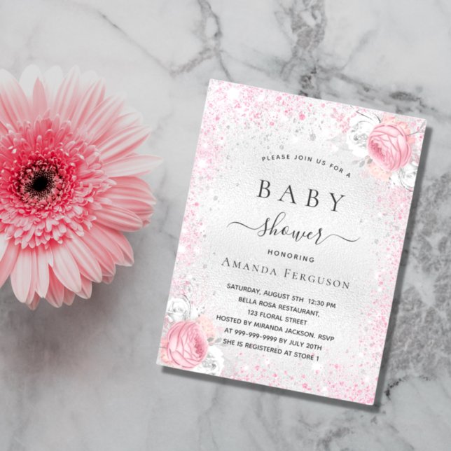 Invitación Bebé ducha purpurina de plata chica rosa floral (Subido por el creador)