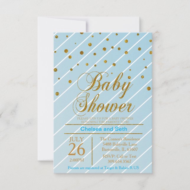 Invitación Bebé dulce Blue & Gold Confetti | BABY SHOWER (Anverso)